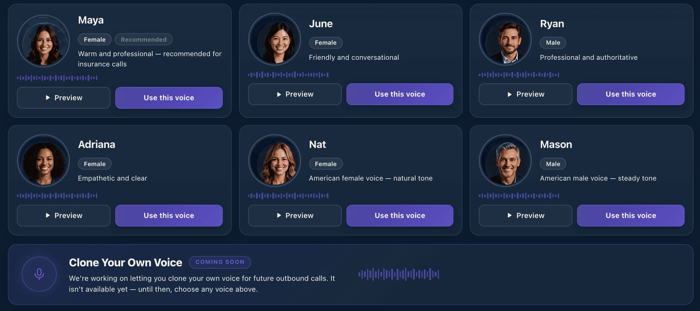 The six AI voices, each with Preview and Use this voice