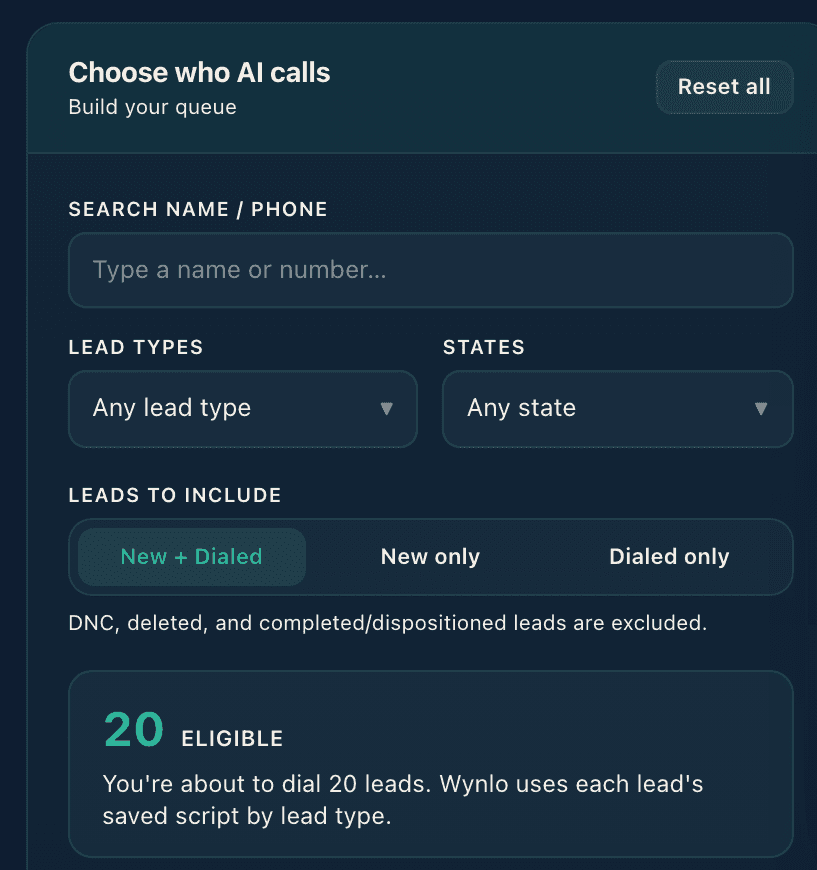 The Choose who AI calls panel with lead type, state and lead filters and the eligible lead count