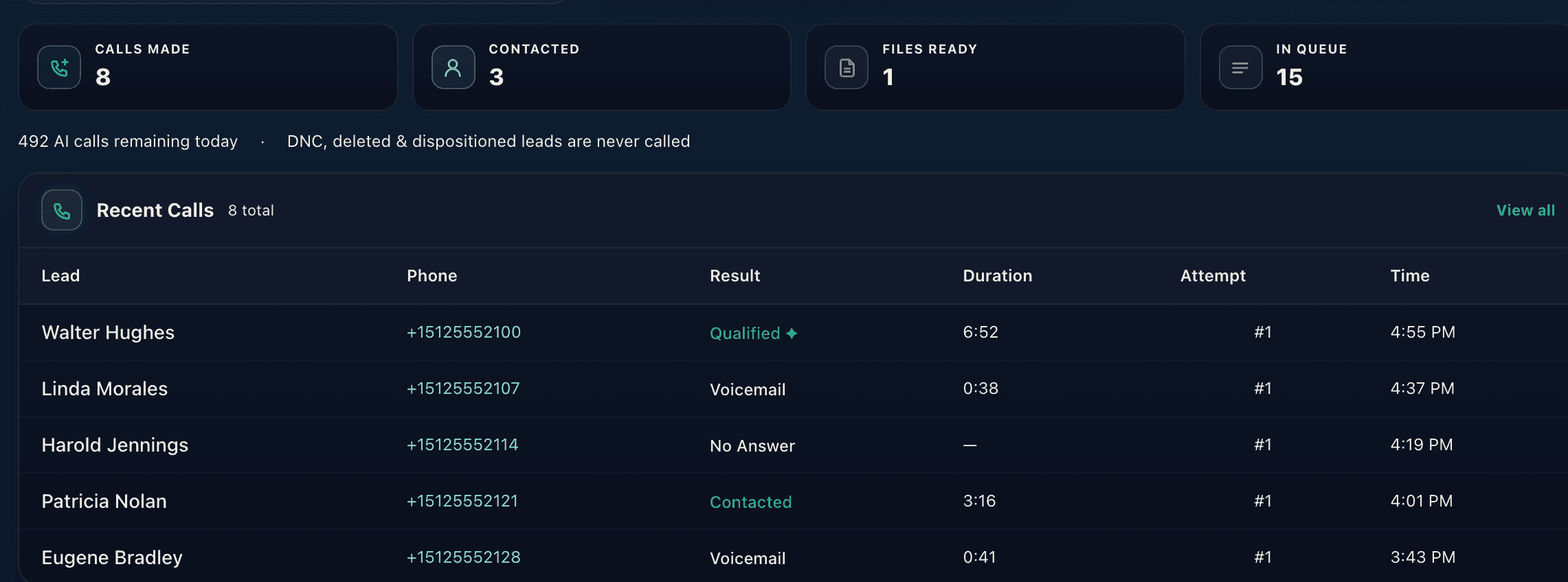 Dialer results with call counts and the Recent Calls list