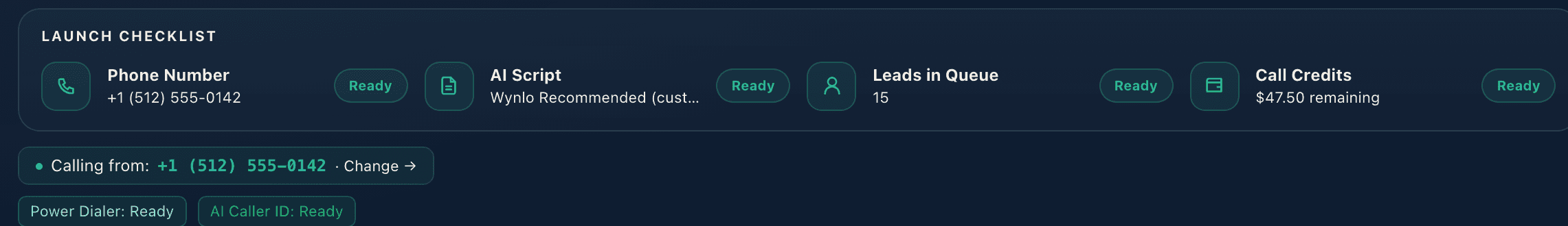 The AI Dialer page with the Launch Checklist showing Phone Number, AI Script, Leads in Queue and Call Credits as Ready