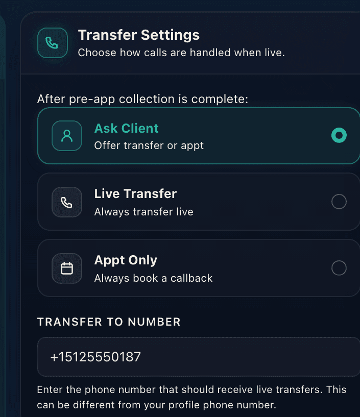 Transfer Settings with the Ask Client, Live Transfer and Appt Only options and the Transfer to Number field